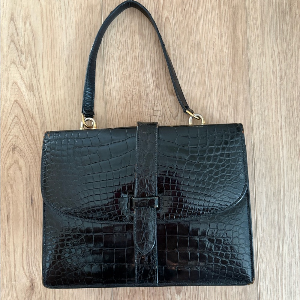 Vintage Hand Bag - Black - Alligator Leather Hand Bag